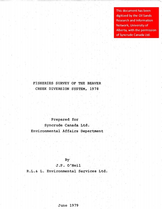 Fisheries Survey Of The Beaver Creek Diversion System 1978 Canadian 